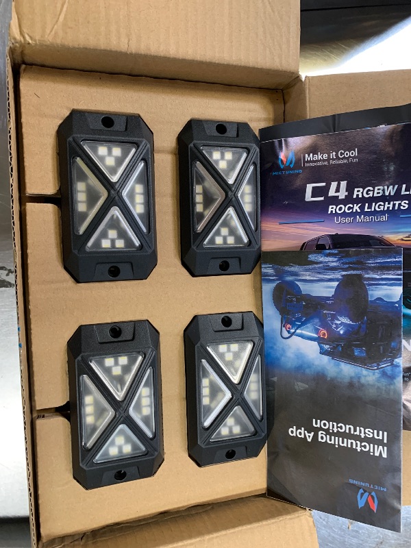 Photo 1 of MICTUNING C4 RGBW Rock Lights Kit, 12 Pods 360° Ultra-Bright 4-Sided Wide Beam Angle Underglow Neon Accent Lighting Kit, Microphone Sync with APP Control, IP68 Waterproof