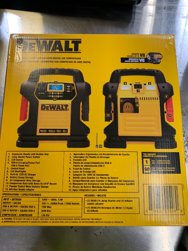 Photo 1 of DEWALT DXAEJ14 Digital Portable Power Station Jump Starter - 1600 Peak Amps with 120 PSI Compressor for Tires, Sports Equipment & Bikes, 15W USB-A and 25W USB-C Power
