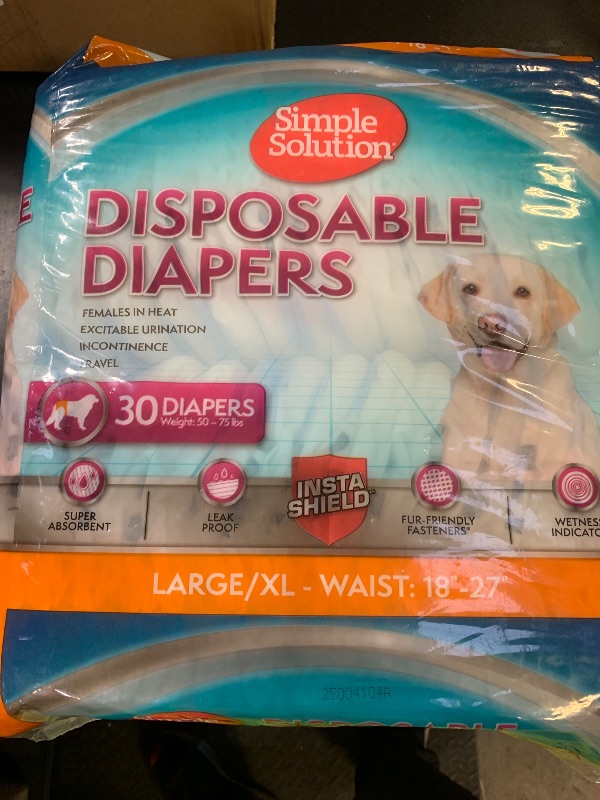 Photo 1 of Simple Solution Disposable Dog Diapers, Female Dog Diapers, Puppy Potty Training, Incontinence and Heat Cycle Protection, Large Diapers for Dogs, 18-27 Inch Waist, 30 Count
