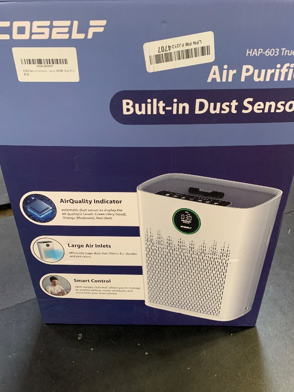 Photo 1 of ECOSELF Smart Air Purifier for Home Large Rooms, with WiFi Control, Covers Up to 2400 Ft², Smart Mode, AQI Display, 22dB Sleep Mode & Aromatherapy with 2X-Power Filtration, HAP603WF, Bright White