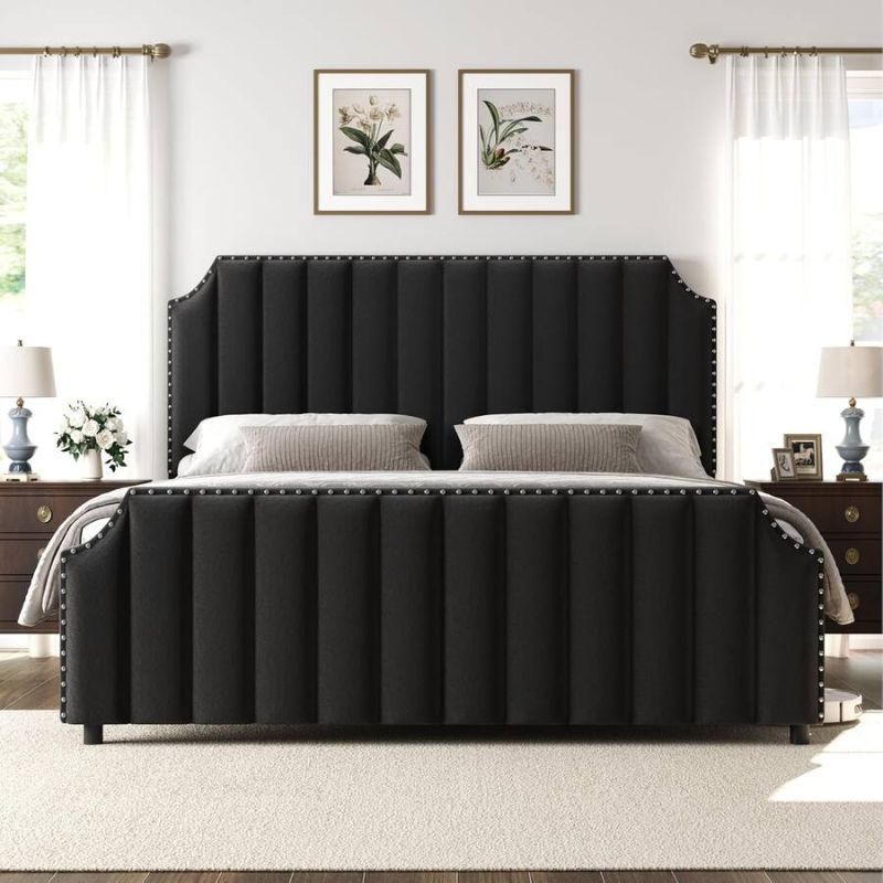Photo 1 of Garvee California King Size Platform Bed Frame Velvet Upholstered Bed with 50.2 inch Headboard Rivet Decoration No Box Spring Needed Black
