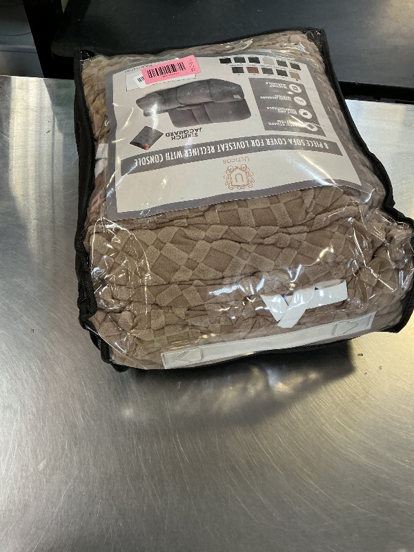 Photo 1 of ULTICOR Reclining Love Seat with Middle Console Slipcover, 8-Piece Jacquared Stretch Loveseat Reclining Sofa Covers, 2 seat Loveseat Recliner Cover, Thick, Soft, Washable, (Style 2) (Taupe)