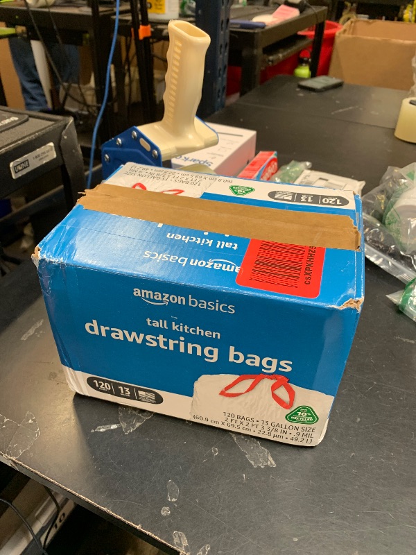 Photo 1 of Amazon Basics 13 Gallon Tall Kitchen Drawstring Trash Bags, Unscented, 10% Post Consumer Recycled, 120 Count, White