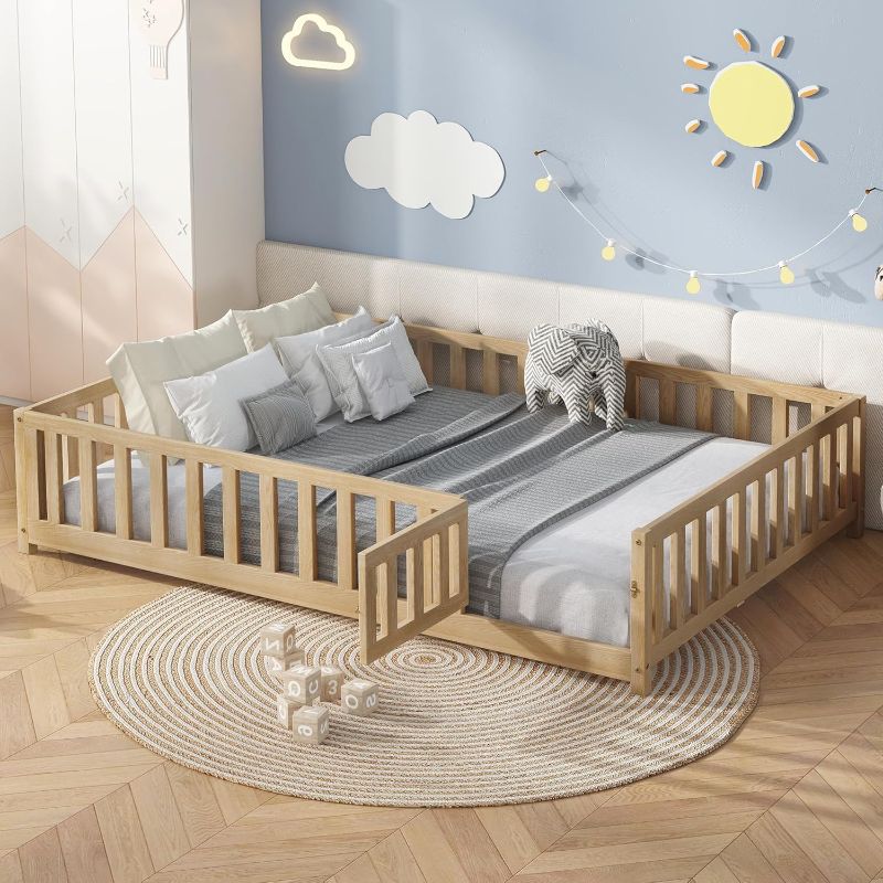 Photo 1 of Bellemave Floor Bed Full Size Montessori Bed Frame with Fence and Door, Wooden Full Platform Bed for Kids, Boys Girls, Solid Wood Full Bed, No Box Spring Needed,Natural
