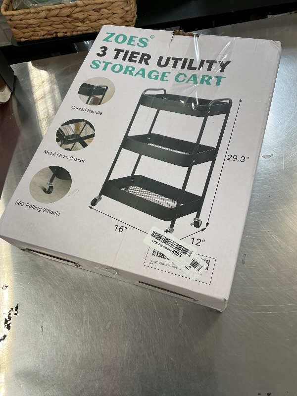Photo 1 of **INCOMPLETE** ZOES HOMEWARE 3 Tier Rolling Cart, Metal Utility Cart with 4 Hooks, Rolling Storage Cart on Wheels, Small Organizer Cart for Nursery, Kitchen, Living Room, Bathroom, Black