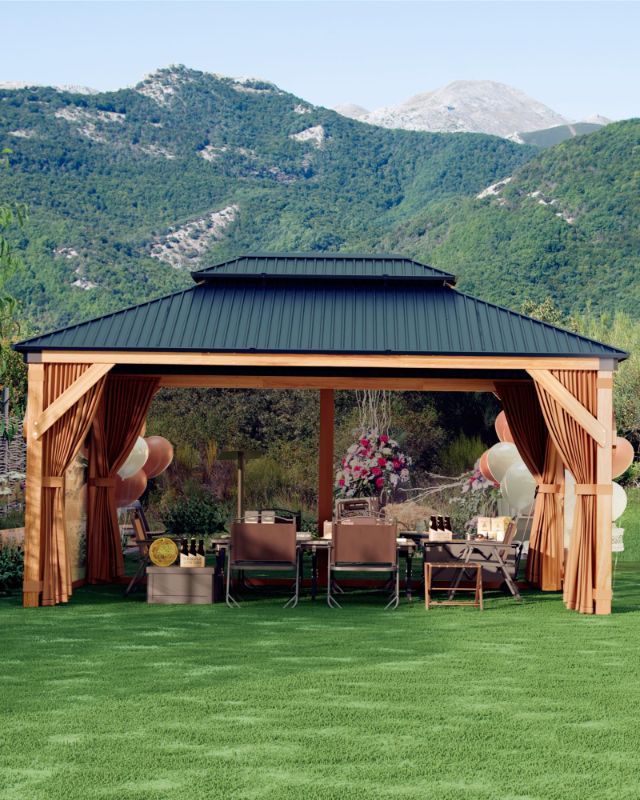 Photo 1 of ****PARTS ONLY/ METAL ROOF PARTS***
GarveeLife Hard top Wood Gazebo 10 ft x12 ft for All Weather, with Double Metal Roof, Heavy Duty Wooden Frame, Net, and Curtain, Permanent Building for Patio, Deck, Backyard, Lawn, and Garden, Khaki
