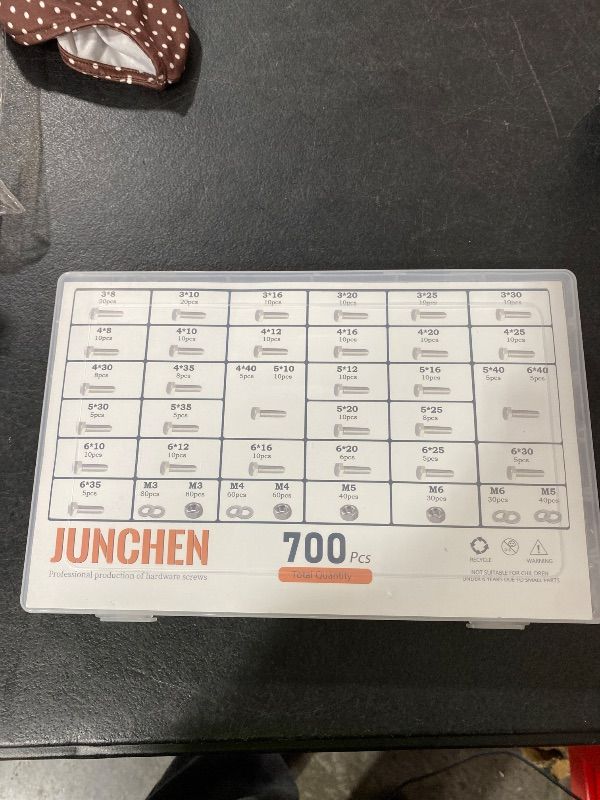 Photo 1 of ******MISSING PARTS***** JUNCHEN 700 Pcs Nuts and Bolts Assortment Kit with Case,Stainless Steel Phillips Pan Head Assortment Screws Flat Washers,4-40#6-32#8-32#10-24
