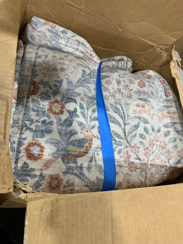 Photo 1 of 9x12 Floral Washable Area Rugs for Living Room, Vintage Boho Large Rug for Bedroom Dining Room? Distressed Botanical Birds Non Slip Low Pile Forest Animal Throw Carpet for Farmhouse Office, Beige Blue