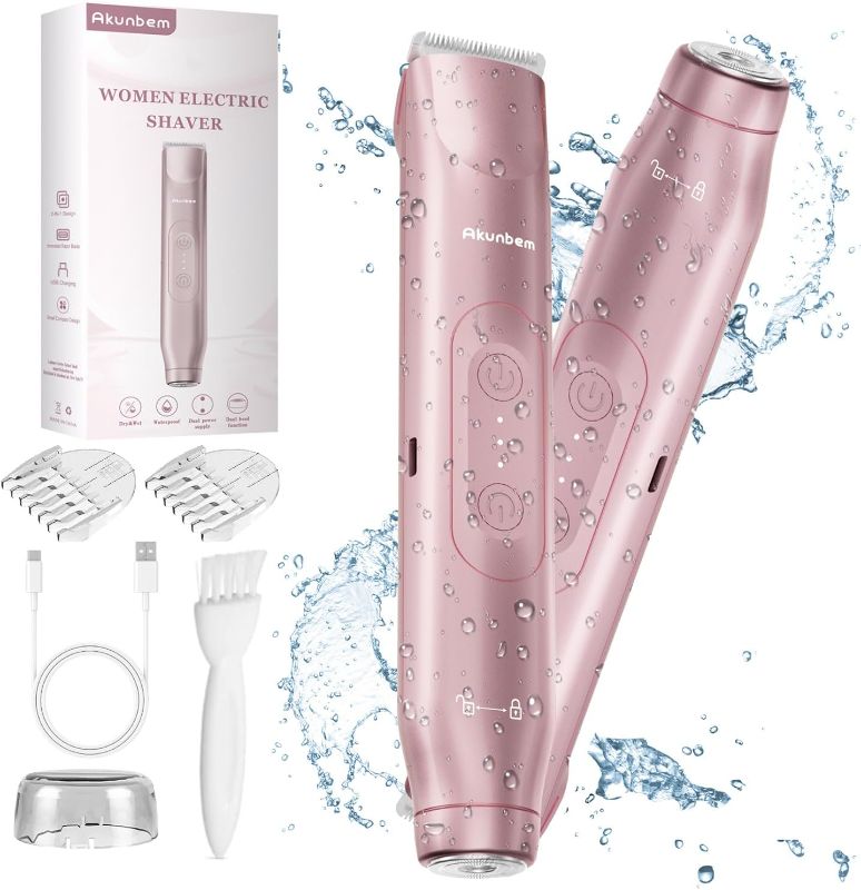 Photo 1 of Akunbem Bikini Trimmer for Women - 2 in 1 Electric Razors for Women - Dual Head Electric Shaver - IPX7 Waterproof Wet & Dry Use Body Hair Trimmer and Facial Hair Remover for Bikini Underarm Leg Arm