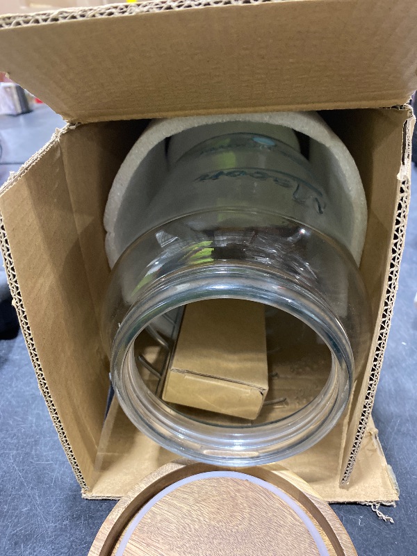 Photo 1 of 1 Gallon Glass Water & Lemonade Dispenser with Wooden Lid & Stand – Mason Jar Beverage Dispenser with Stainless Steel Spigot, Measurement Marks – Drink Server for Parties, Events, Home Use