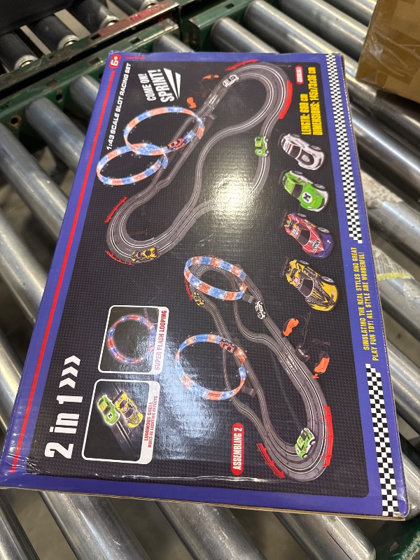 Photo 1 of 2-in-1 Slot Car Race Track Set with 4 High-Speed Cars, Electric Track, Dual Racing Game with 2 Controllers, Circular Overpass Design Featuring Flash Tracks. Toy Gift for Boys Kids Ages 4-6 6-8 8-12