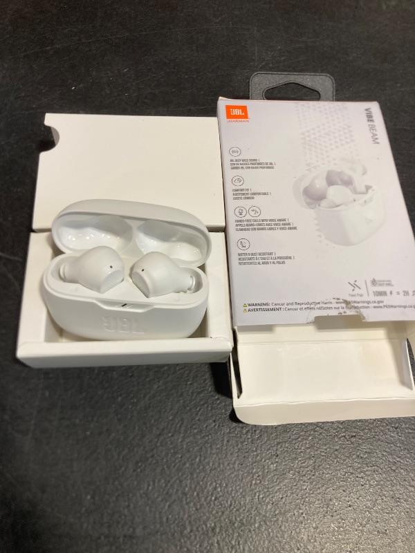 Photo 1 of JBL Vibe Beam - True Wireless JBL Deep Bass Sound Earbuds, Bluetooth 5.2, Water & Dust Resistant, Hands-free call with VoiceAware, Up to 32 hours of battery life (White)