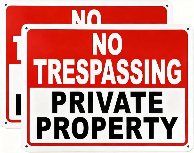 Photo 1 of 2 Pack No Trespassing Signs Private Property – 10x7 Inch Rust-Free Aluminum, UV Printed, Reflective Coating, Weatherproof & Easy to Mount, High Visibility No Trespassing Sign for Home or Business
