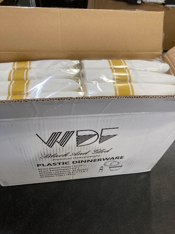 Photo 1 of 350 Pieces Black and Gold Plastic Plates with Disposable Silverware, Include 50 Dinner Plates 9”, 50 Dessert Plates 6.3”, 50 Black Cups 9 OZ, 50 Pre Rolled Napkins for New Year