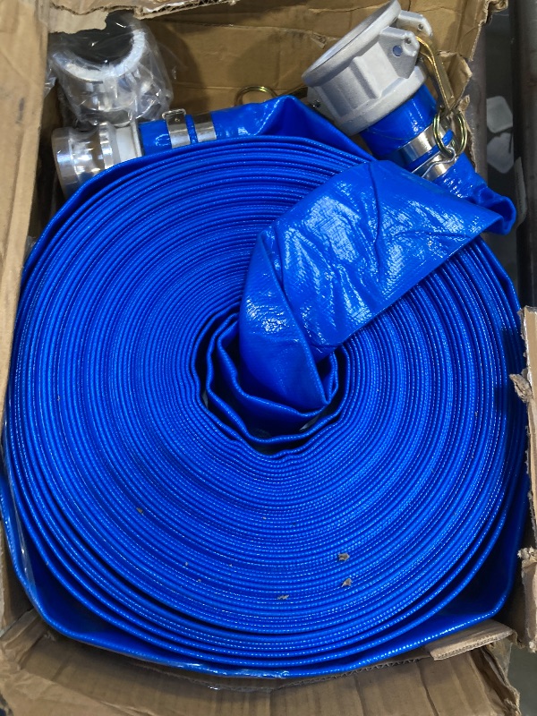 Photo 1 of 2" x 100ft PVC Lay Flat Discharge Hose With Aluminum Camlock C & E Fittings, Cam Lock Fitting Type F included, Heavy Duty Reinforced Pump Backwash Hose Assembly