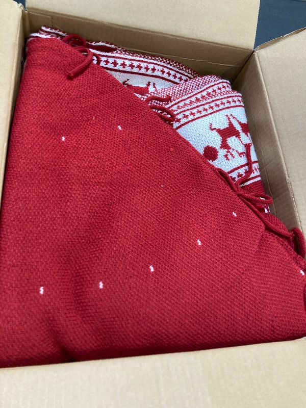 Photo 1 of 72 Inch Red Christmas Tree Skirt for 7.5 ft to 12ft Tree, Extra Large Vintage Christmas Knitted Tree Skirt Snowflake Reindeer Giant Ornaments for Merry Xmas Winter Indoor Holiday Party Decorations