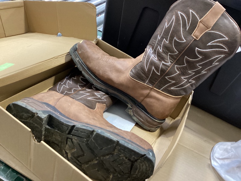 Photo 1 of 13.    ANGRYRAM Cowboy Work Boots for Men Square Toe Leather Western Boot Slip Resistant Indestructable Steel Toe Safety Boots for Men Work-Man Pro Series