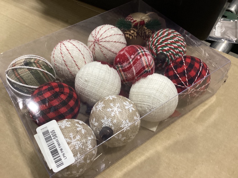Photo 1 of 12PCS Burlap Christmas Ornaments, Rustic Jute Wrapped Balls 3.15", Snowflake Embroidered & Plaid Pattern Farmhouse Ornaments for Christmas Tree
