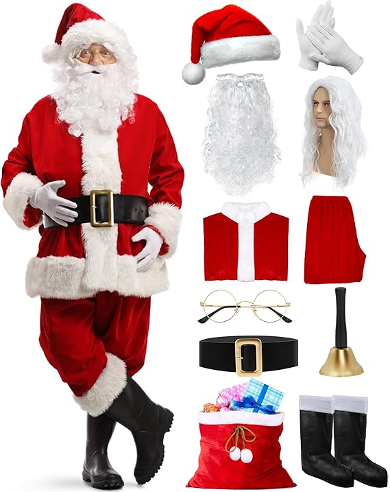 Photo 1 of 11PCS Santa Claus Costume for Men Set, Professional Santa Costume Adult Men Santa Suit Outfit for Christmas
