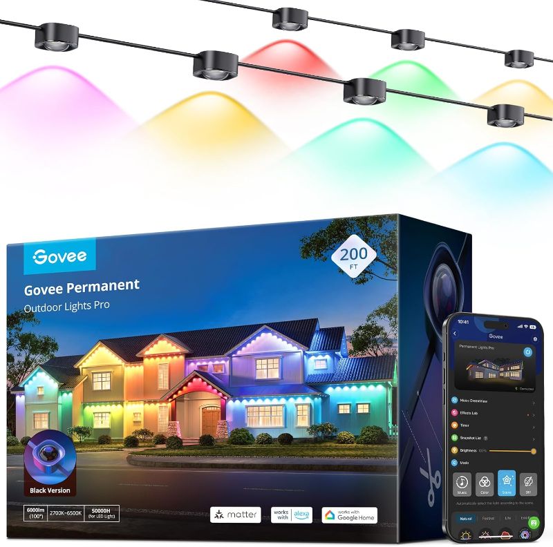 Photo 1 of Govee Permanent Outdoor Lights Pro, 200ft with 120 RGBIC LED Lights for Daily and Accent Lighting, 75 Scene Modes for Outdoor Decor, IP67 Waterproof, Works with Alexa, Google Assistant, Matter, Black