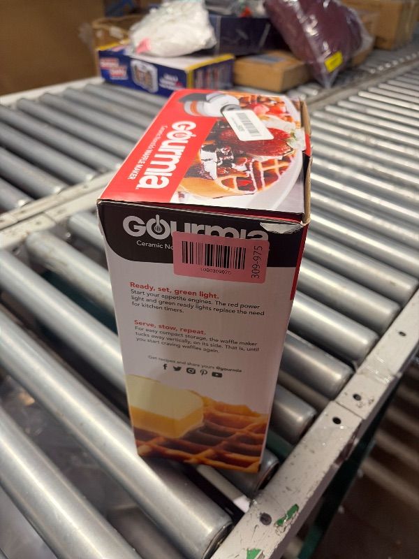 Photo 1 of ***BROKEN CLIP***
Gourmia Belgian Waffle Maker – Compact Design with Upright Storage, Adjustable Browning, and Easy-Clean Nonstick Ceramic Plates, Stainless Steel