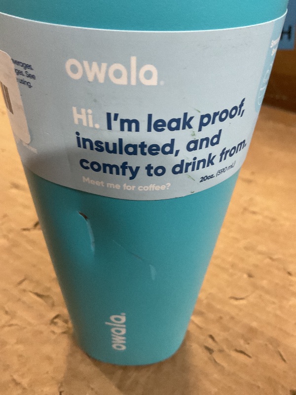 Photo 1 of ***DAMAGED***Owala SmoothSip Slider Insulated Stainless Steel Coffee Tumbler, Reusable Iced Coffee Cup, Hot Coffee Travel Mug, BPA Free 20 oz, Grey/Blue (Beachy Breeze)