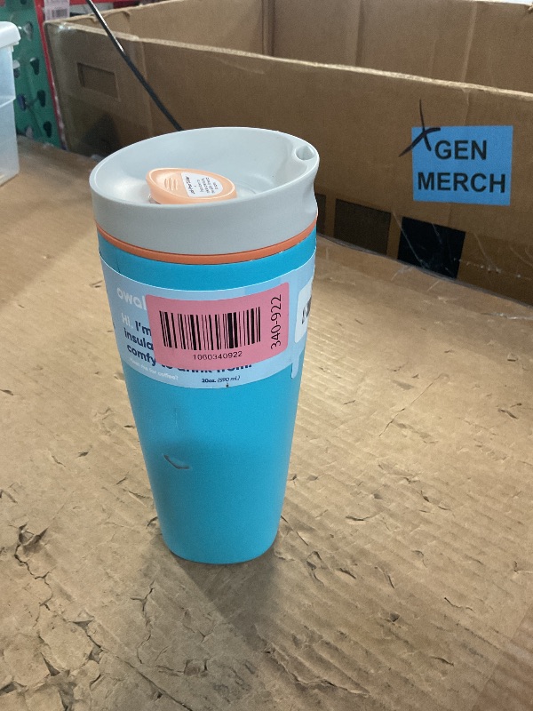 Photo 1 of ***DAMAGED***Owala SmoothSip Slider Insulated Stainless Steel Coffee Tumbler, Reusable Iced Coffee Cup, Hot Coffee Travel Mug, BPA Free 20 oz, Grey/Blue (Beachy Breeze)