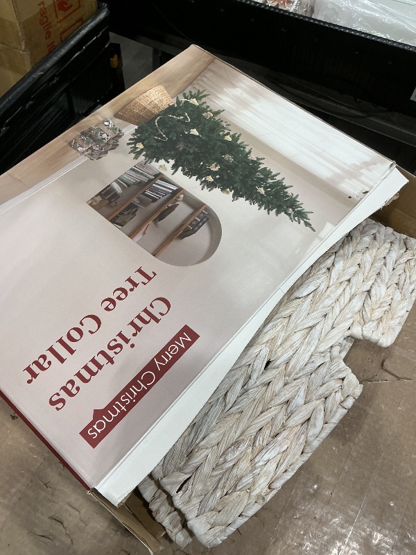 Photo 1 of *UNTESTED*
28in Christmas Tree Collar - Woven Hyacinth Tree Collars for Artificial Trees - Rattan Rustic Farmhouse Basket for Tree Base Cover with Cord Cut-Out for 6ft 7.5ft Tree (Washed White)