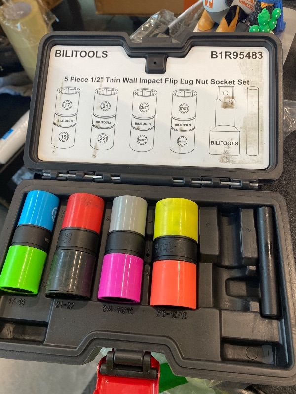 Photo 1 of *MISSING PARTS*
BILITOOLS Lug Nut Socket Set, 1/2 inch Drive Non-Marring Impact Flip Socket Set Metric 17-19 - 21-22 mm & SAE 3/4-13/16-7/8-15/16 inch, Thin Wall Wheel Protector Nut Socket