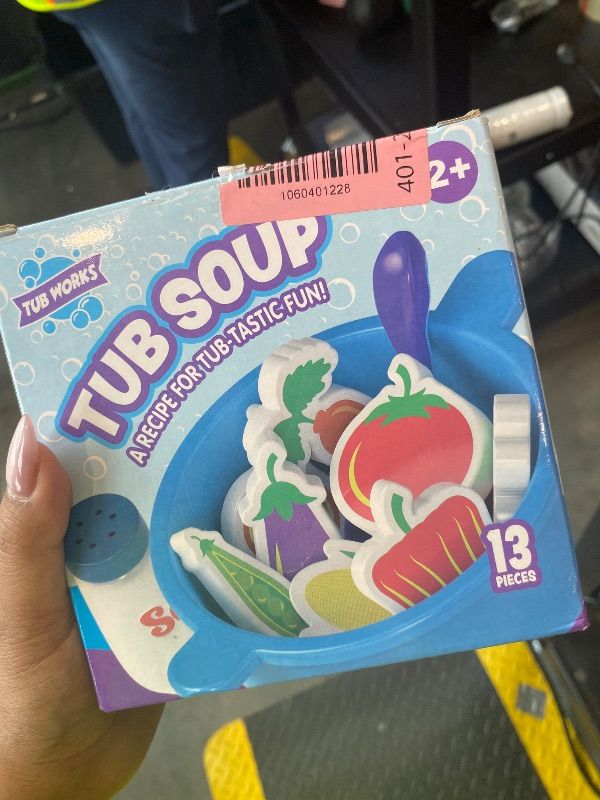 Photo 1 of *MISSING PARTS UNKNOWN*
Tub Works® Tub Soup™ Scoop, Strain & Play Toddler Bath Toy | Floating Foam Veggies, Ladle for Scooping & Soup Pot for Straining | Pretend Play Cooking Kids Bath Toys | Creative Bathtub Toys