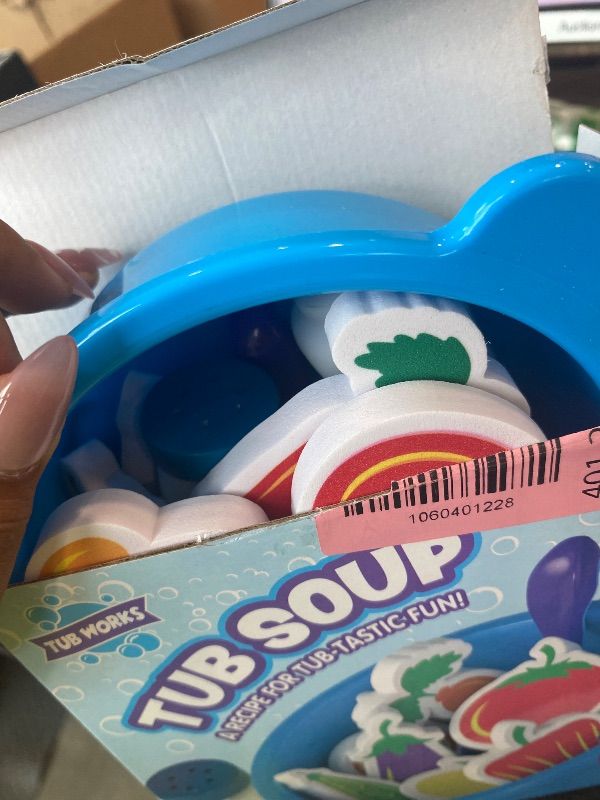 Photo 1 of *MISSING PARTS UNKNOWN*
Tub Works® Tub Soup™ Scoop, Strain & Play Toddler Bath Toy | Floating Foam Veggies, Ladle for Scooping & Soup Pot for Straining | Pretend Play Cooking Kids Bath Toys | Creative Bathtub Toys