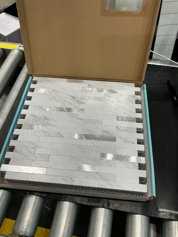 Photo 1 of 10 Sheets Peel and Stick Backsplash Tile, Stick on Backsplash for Kitchen and Bathroom, White Marble Look PVC Mixed Metal Silver Self Adhesive Wall Tiles