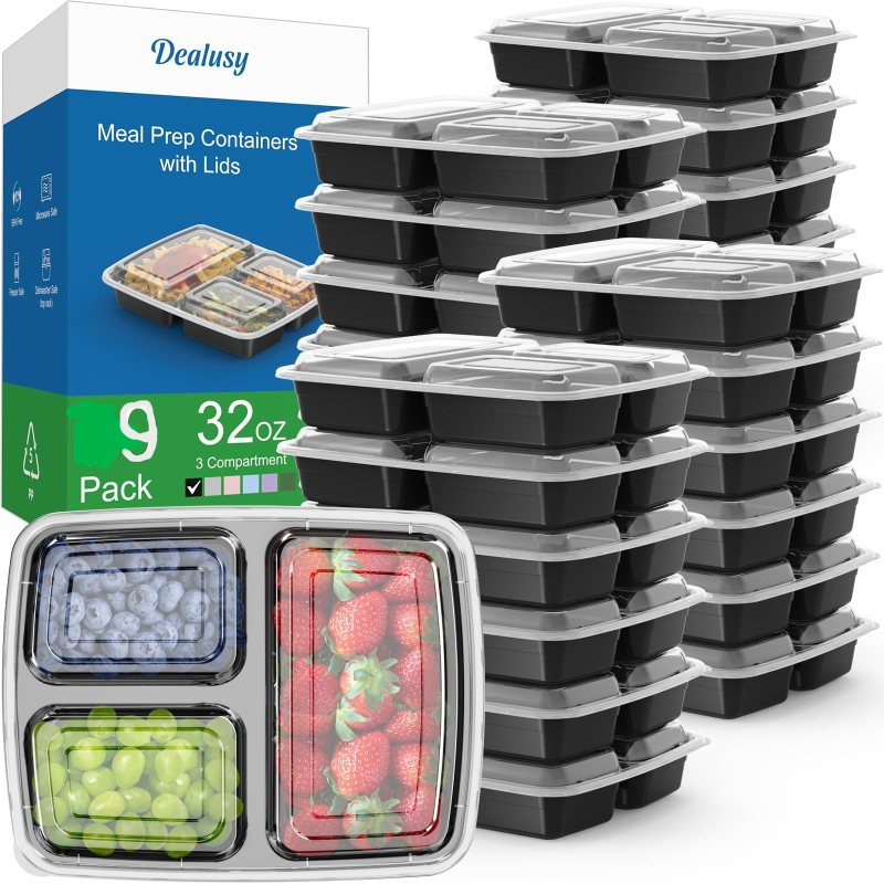 Photo 1 of **INCOMPLETE** 9-Pack 32 oz Meal Prep Containers Reusable with Lids 3-Compartment, To Go Take Out Plastic Food Storage Containers, Sturdy Leakproof Food Safe, Microwave Freezer Dishwasher Safe, Black