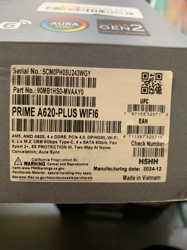 Photo 1 of ASUS Prime A620-PLUS WIFI6 AMD A620 AM5 ATX Motherboard, DDR5, PCIe 4.0, Dual M.2 Slots, WiFi 6, DisplayPort/HDMI™, Rear & Front USB 5Gbps Type-C, SATA 6 Gbps, Two-Way AI Noise Cancelation, Aura Sync