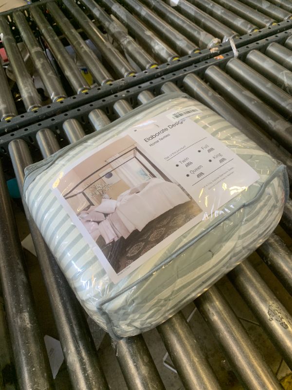 Photo 1 of BUPIRD Sage Green Queen Size Comforter Set Striped 100% Soft Washed Microfiber Jacquard 3 Pieces Striped Bedding Sets Green White Comforter Queen for All Seasons and 2 Pillowcases Comfort Breathable