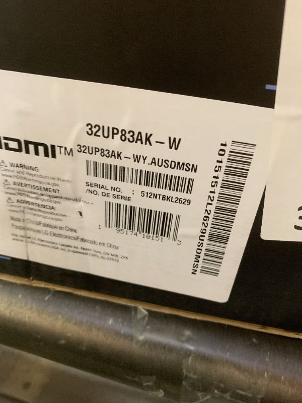 Photo 1 of LG 32UP83AK-W 32-inch Ultrafine 4K UHD (3840 x 2160) IPS Computer Monitor, 60Hz, HDR10, Built-in Speaker, Reader Mode, HDMI, DisplayPort, USB Type-C 60W PD, Tilt/Height/Pivot Adjustable Stand, White