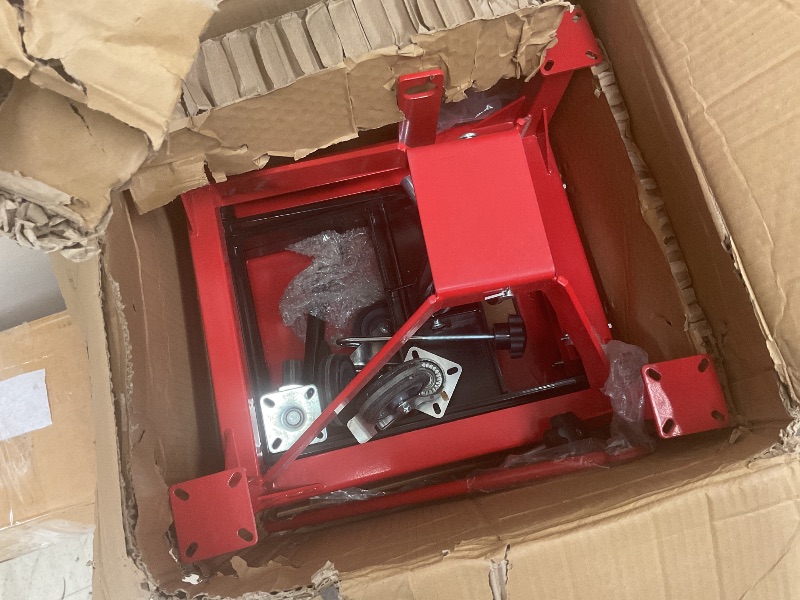 Photo 3 of Hydraulic Motorcycle Lift Jack, 350 LBS Capacity Foot-Operated Scissor Jack with Wide Deck & Locking Wheels for Motorcycle, ATV & Buggy Maintenance, Red