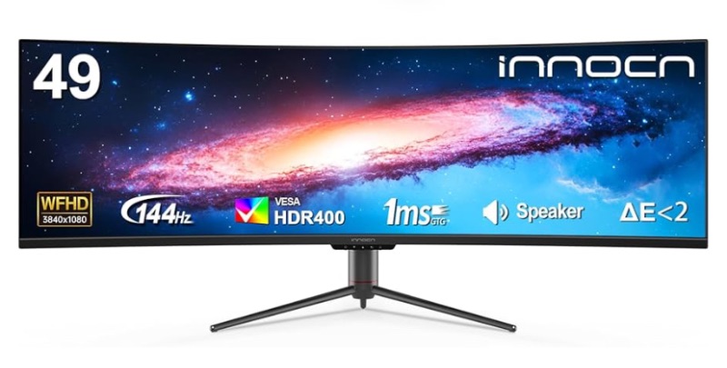 Photo 1 of INNOCN Ultrawide 49" Curved 3840 x 1080P 144Hz 32:9 Monitor, Screen Split PIP PBP for Workflow/Gaming, R1800, 99% sRGB, HDR400, USB C, DisplayPort, HDMI, Speakers, Adjustable, Black (HDMI+DP Cable)