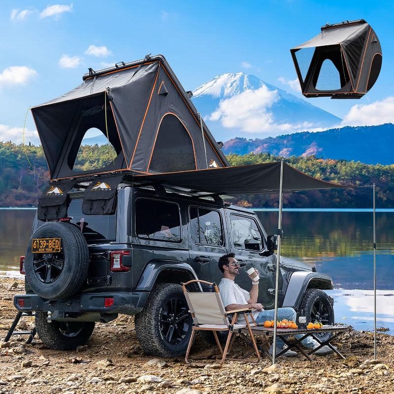 Photo 1 of Explorer Pro Rooftop Tent Hard Shell with USB Outlet, Side Awning, Replaceable Netting Curtain&Luggage Racks for 4 Season Camping, Aluminum Pop Up 2-3 Person Roof Top Tent for Truck Jeep SUV Van
