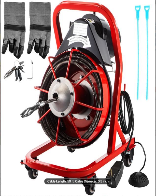 Photo 1 of VEVOR Electric Drain Auger, 50' x 1/2", 250W Sewer Snake Machine Fit 2''- 4'' Pipes w/Wheels & Cutters & Foot Switch, Plumbing Snake for Toilet, Sewer, Bathroom, Sink and Shower
