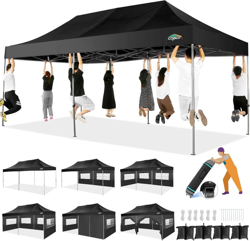 Photo 1 of COBIZI 10x20 Heavy Duty Pop up Canopy Tent with 6 sidewalls Easy Up Commercial Outdoor Wedding Party Tents for Parties All Season Wind & Waterproof Gazebo Roller Bag, Black(Frame Thickened)
