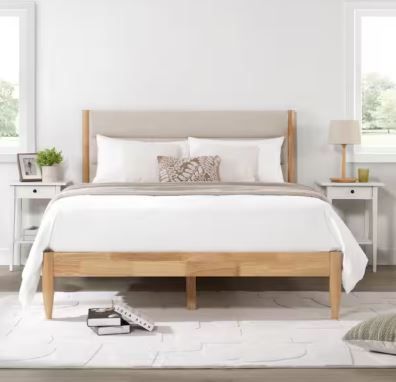 Photo 1 of Eudora Brown Wood Frame Upholstered King Platform Bed with Channel Tufting Queen Bed Frame with Headboard
