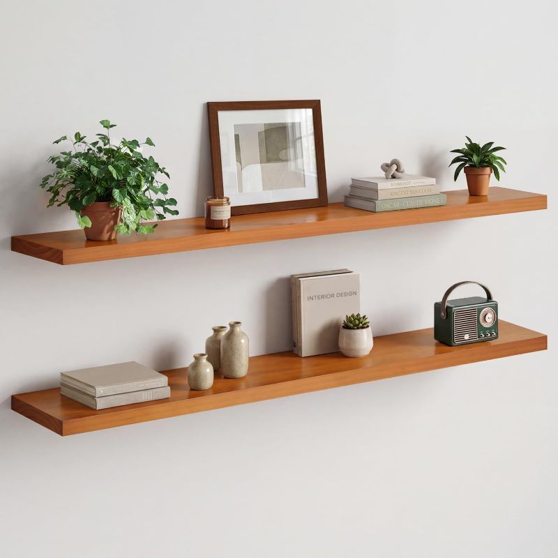 Photo 1 of Homeforia Floating 60 inch Oak Shelves, High End Solid Real Wood 60inch Floating Shelf for Wall Mounted, Honey Oak Wooden 60in Large Floating Shelves, Heavy Duty Bracket, 60 X 6.5 X 1.75 in, Set of 2

