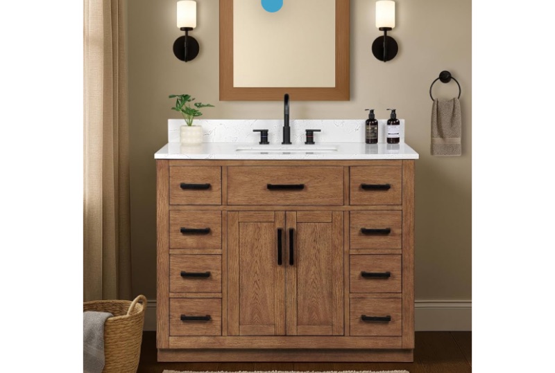 Photo 1 of 42-inch Dark Walnut Bathroom Vanity with Sink, Solid Wood, 0.79-inch Stone Countertop and Backsplash, 9 Drawers, 2 Soft Closing Doors (factory sealed) 