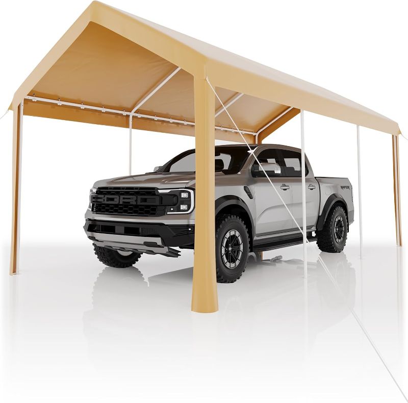 Photo 1 of Garvee 10x20 Heavy Duty Carport, Galvanized Steel Outdoor Car Canopy with UV-Resistant & Water-Resistant PE Cover, Portable Garage for SUV, Truck, Boat, Yellow (SET)