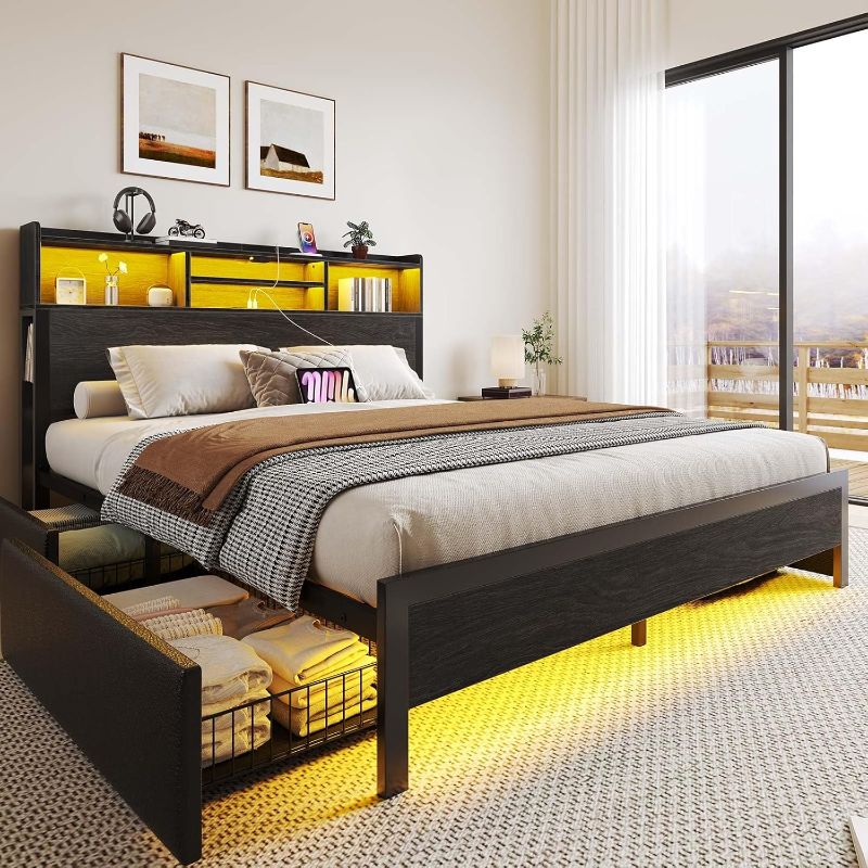 Photo 1 of Rolanstar Full Bed Frame with Storage Headboard & 4 Drawers, Metal Platform Bed with Charging Station, LED Single Bed with Side Shelf, No Box Spring Needed, Easy Assembly, Black
