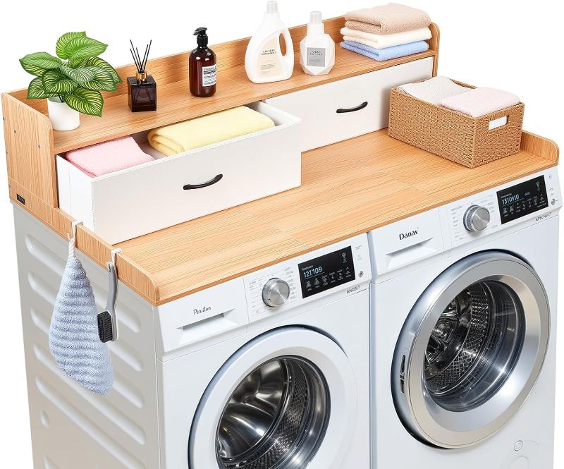 Photo 1 of VEVOR 2 Drawers Washer Dryer Countertop with Shelf, 54" x 27" Wooden Laundry Countertop with 2 Hooks & Splicing Panels, Washer and Dryer Topper, Laundry Room Organization and Storage, Natural