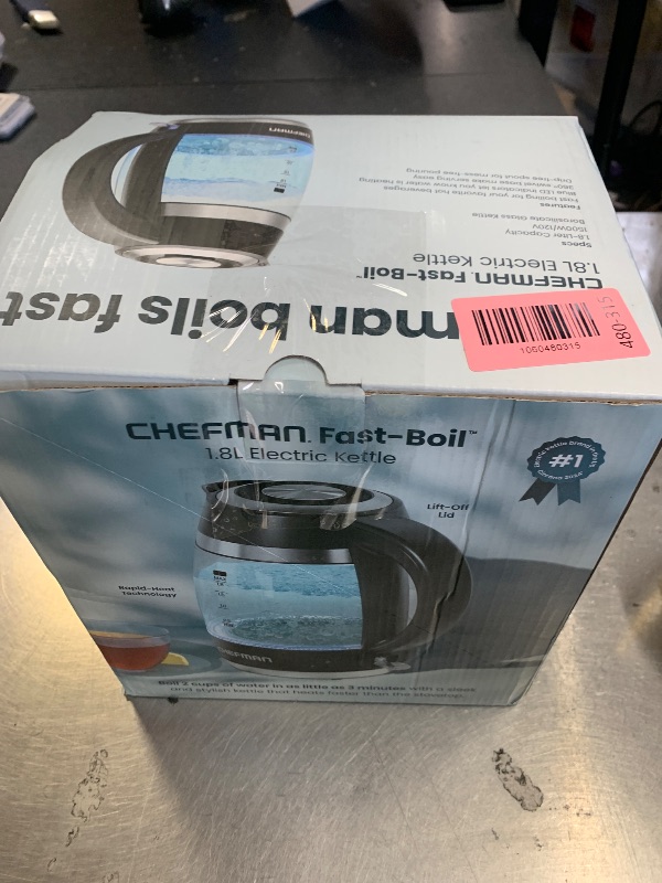 View 2 of Chefman Electric Kettle, 1.8L 1500W, Hot Water Boiler, Removable Lid for Easy Cleaning, Auto Shut Off, Boil-Dry Protection, Stainless Steel Filter, BPA Free, Borosilicate Glass Electric Tea Kettle