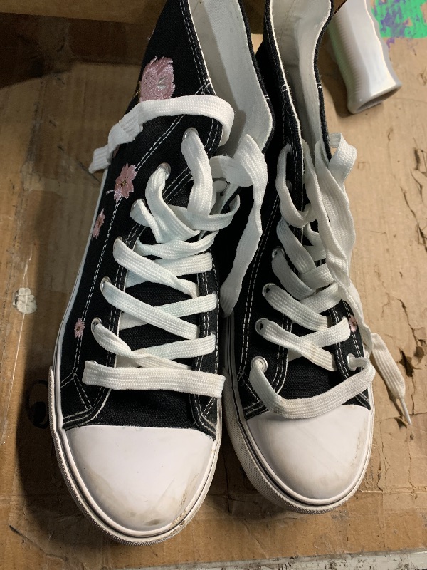 Photo 1 of ***(HEAVILY USED/ MINOR DAMAGE)***kufeiti Women's Embroidered High Top Canvas Sneaker Black Lace-up Comfortable Casual Fashion Sneaker(Embroidery Black, US8.5)