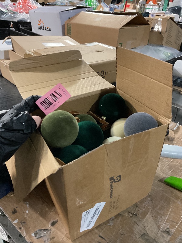 Photo 1 of ***(USED/ UNKNOWN IF MISSING PARTS)***PullCrease Velvet Christmas Ornaments 2.36 Inch Neutral Shatterproof Plastic Velvet Balls Flocked Ornaments for Christmas Tree Hanging Decorations(Gray, Sage Green, Hunter Green, Cream,24 Pcs)